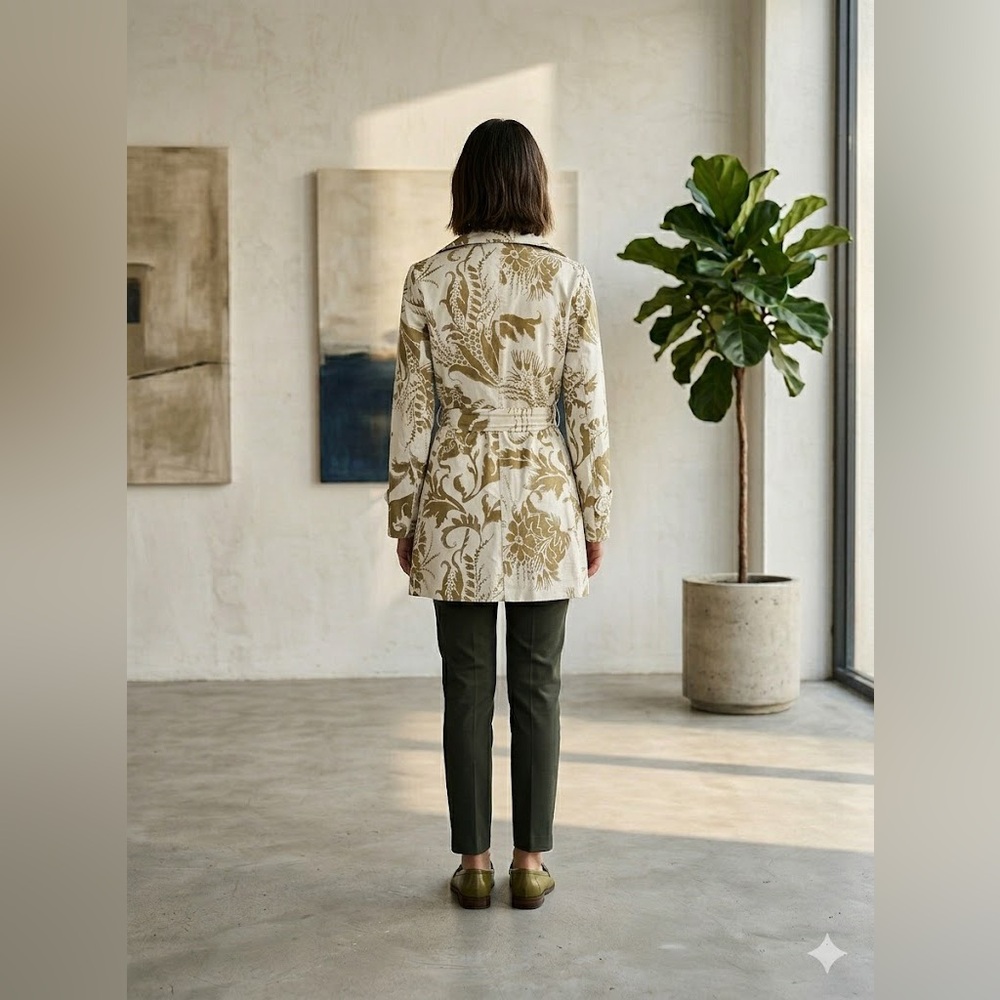 CAbi XS Floral Trench Coat Jacket Minimalist Chic Cotton Linen Neutral Cream Tan - Picture 4 of 13